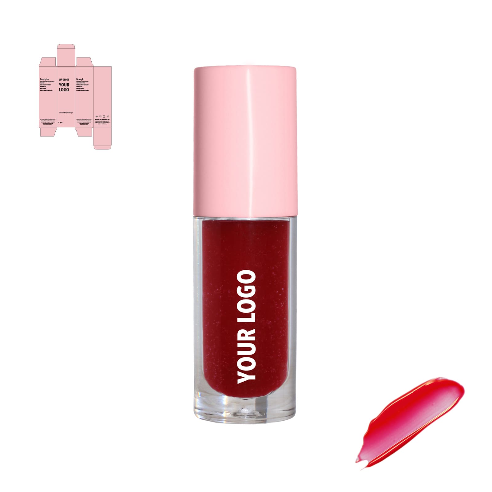 Custom lip gloss with red shade and pink packaging by a private label cosmetic manufacturer in Europe