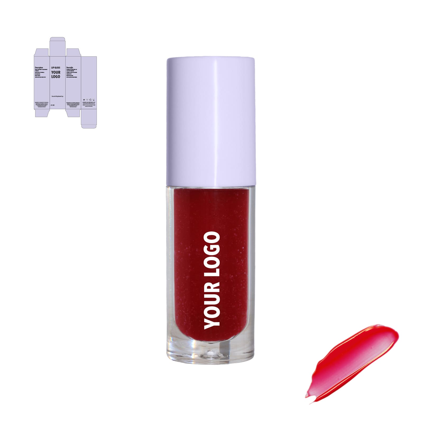 Custom lip gloss with red shade and purple packaging by a private label cosmetic manufacturer in Europe