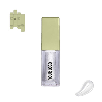 Custom lip oil clear with green packaging by a private label cosmetic manufacturer in Europe. Vegan and sustainable.