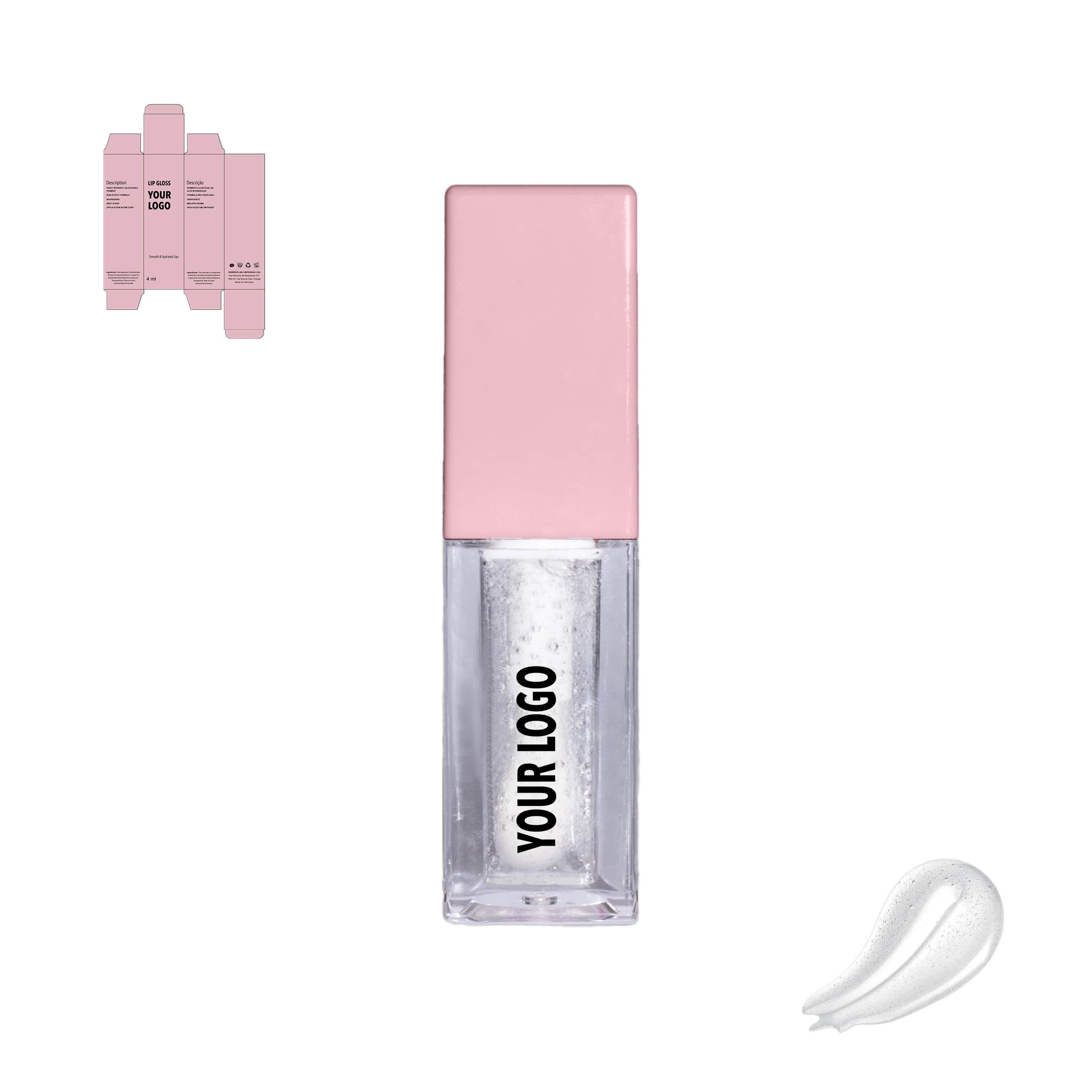 Custom lip oil clear with pink packaging by a private label cosmetic manufacturer in Europe. Kylie cosmetics supplier.