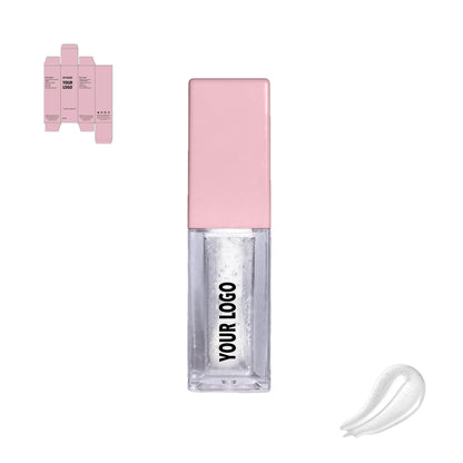 Custom lip oil clear with pink packaging by a private label cosmetic manufacturer in Europe. Kylie cosmetics supplier.