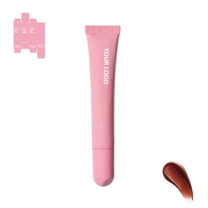 Custom lip treatment and lip mask with brown shade and pink packaging by a private label cosmetic manufacturer in Europe