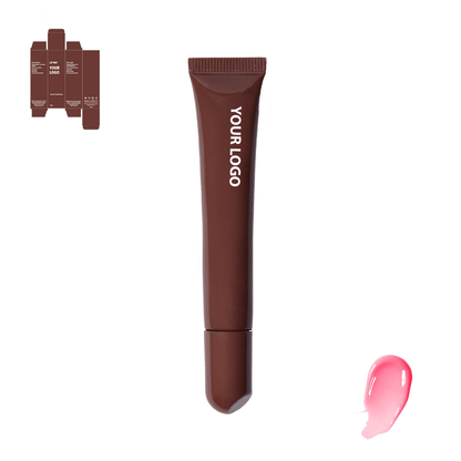 Custom lip treatment and lip mask with pink shade and brown packaging by a private label cosmetic manufacturer in Europe