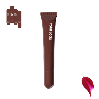 Custom lip treatment and lip mask with red shade and brown packaging by a private label cosmetic manufacturer in Europe