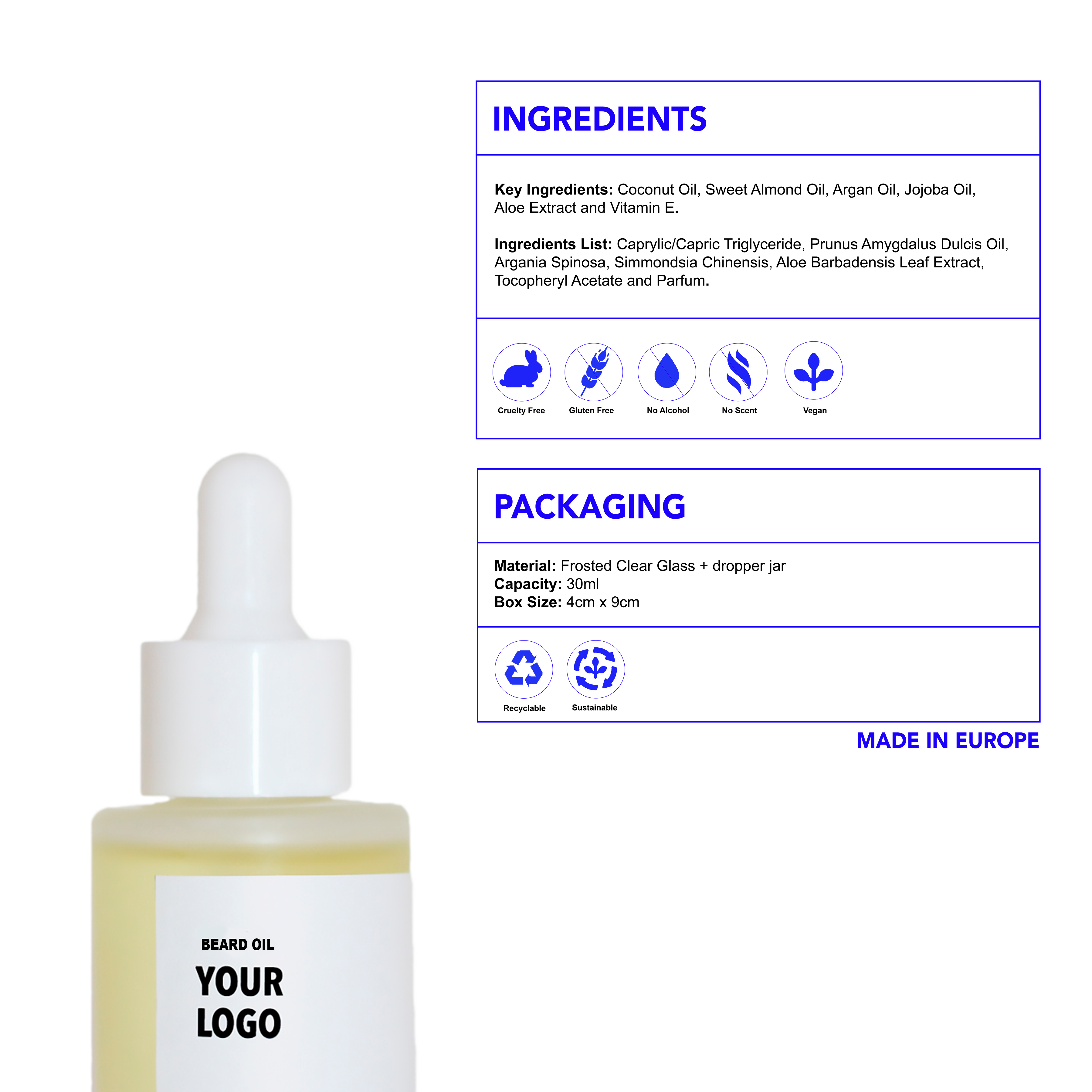 custom beard oil ingredients: coconut oil, sweet almond oil, argan oil, jojoba oil, aloe extract and vitamin E