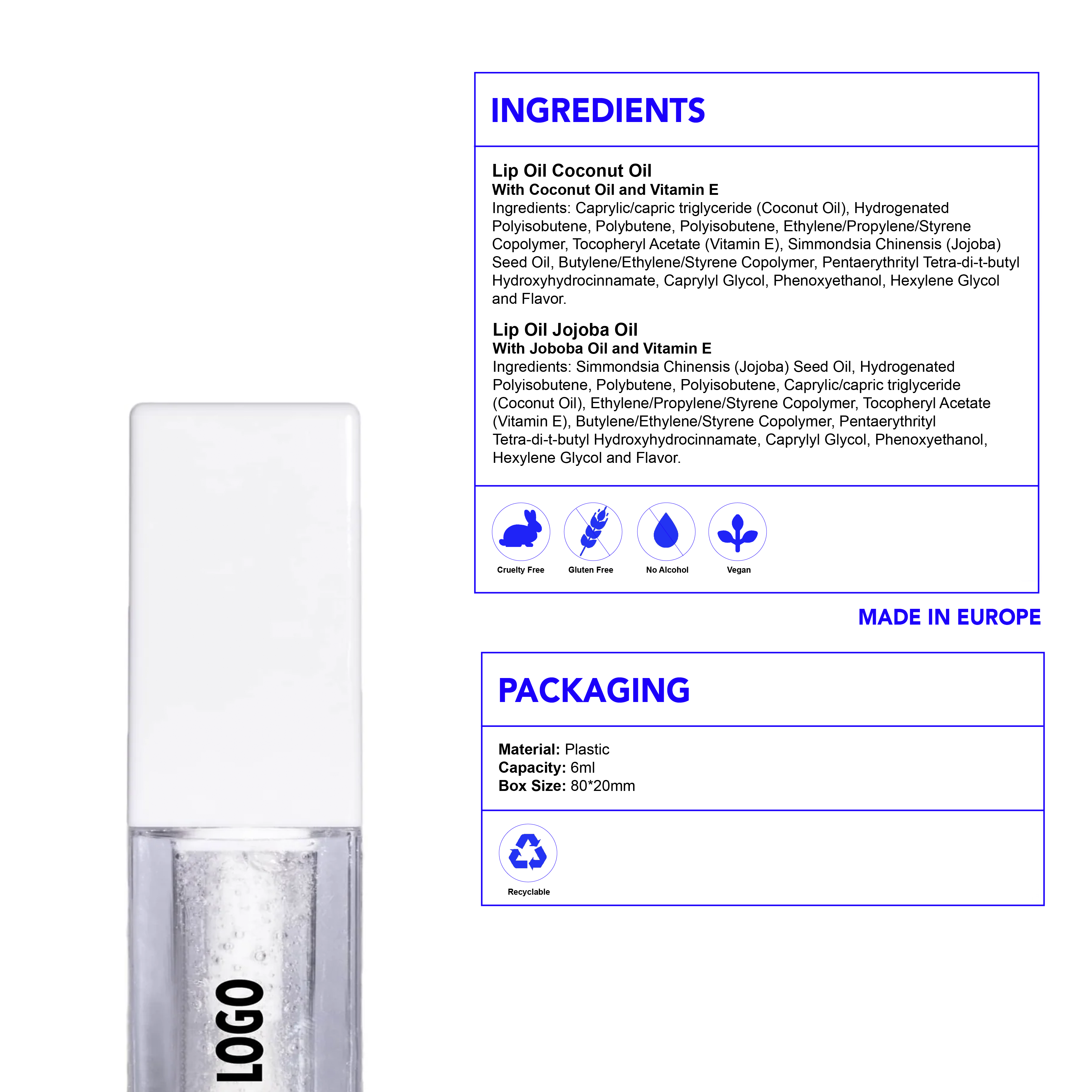 custom lip oil ingredients coconut jojoba