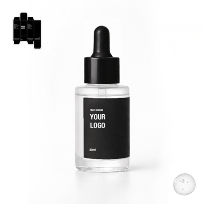 Private label face serum with black packaging. Skincare manufacturer with low MOQ.