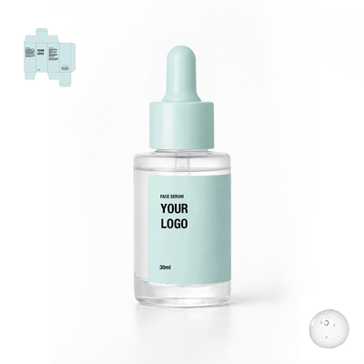 Private label face serum with blue packaging. Skincare manufacturer with low MOQ.