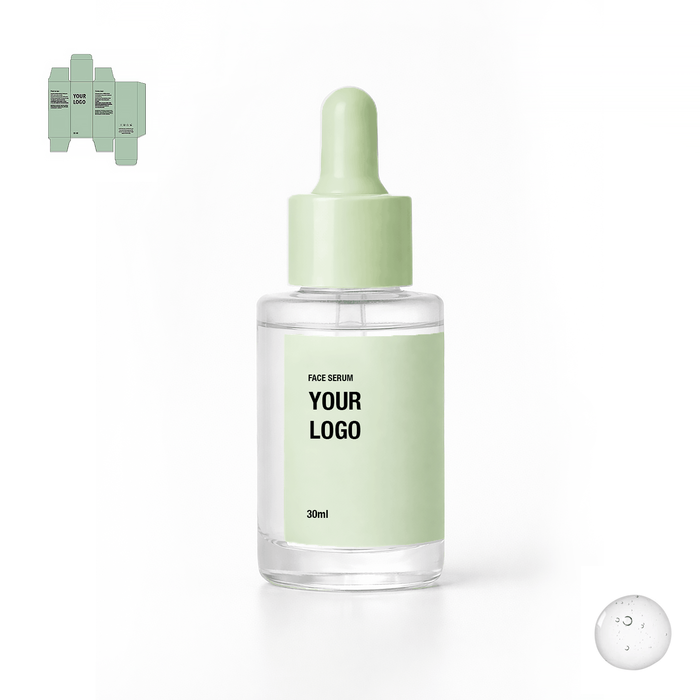 Private label face serum with green packaging. Skincare manufacturer with low MOQ.