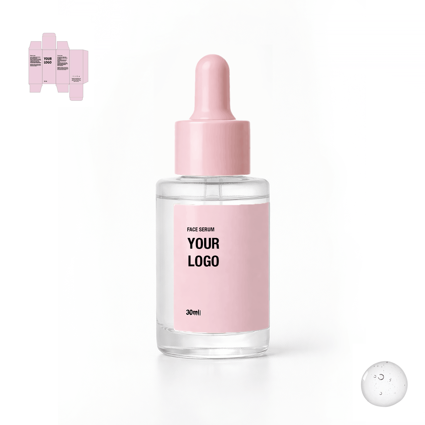 Private label face serum with pink packaging. Skincare manufacturer with low MOQ.