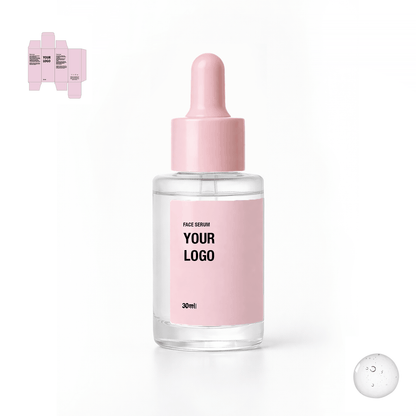 Private label face serum with pink packaging. Skincare manufacturer with low MOQ.