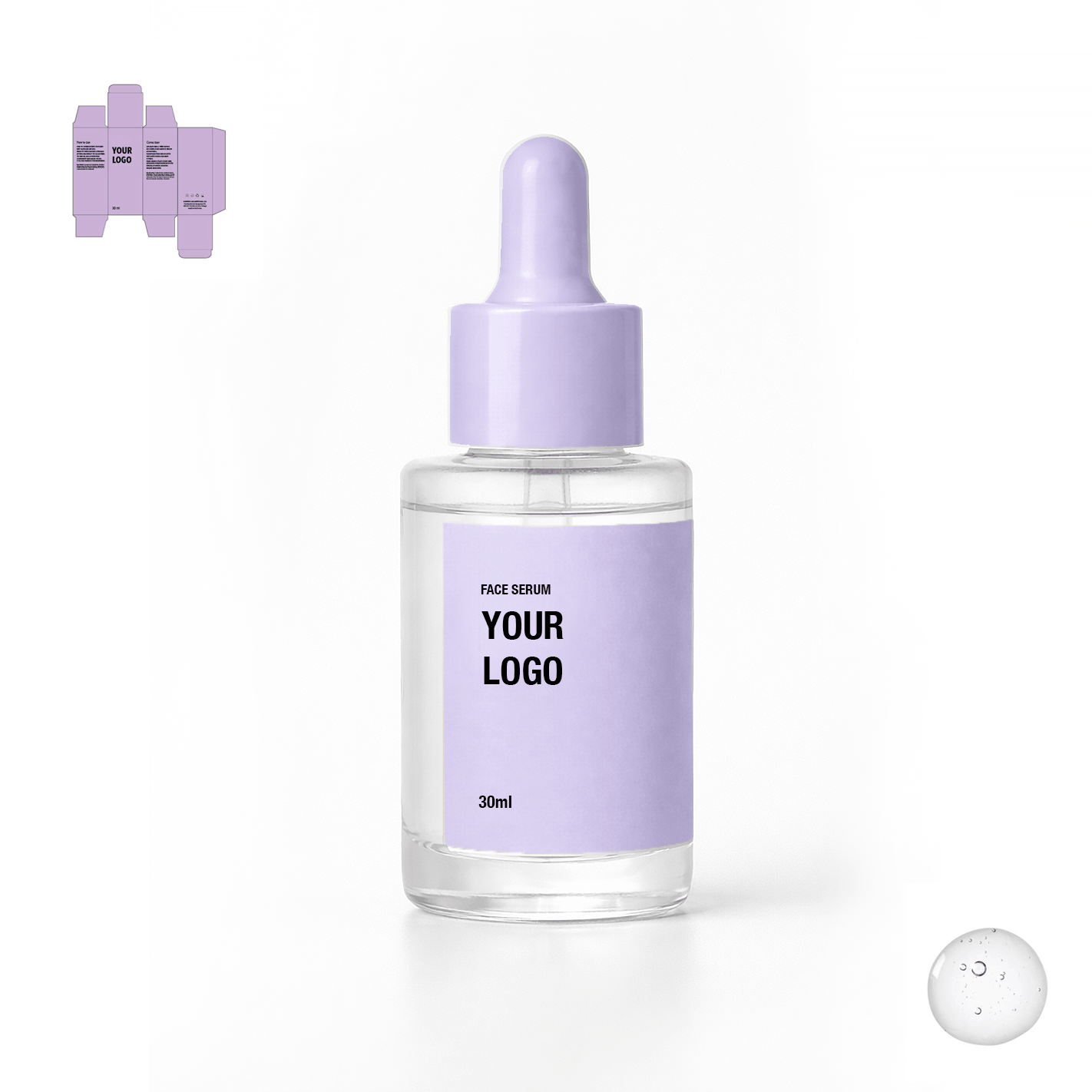Private label face serum with purple packaging. Skincare manufacturer with low MOQ.