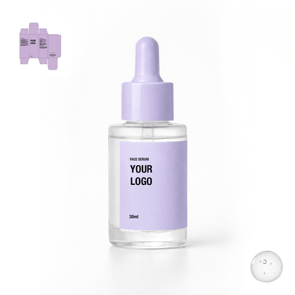 Private label face serum with purple packaging. Skincare manufacturer with low MOQ.
