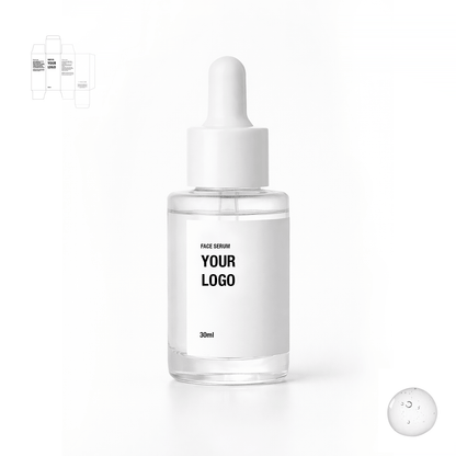 Private label face serum with white packaging. Skincare manufacturer.