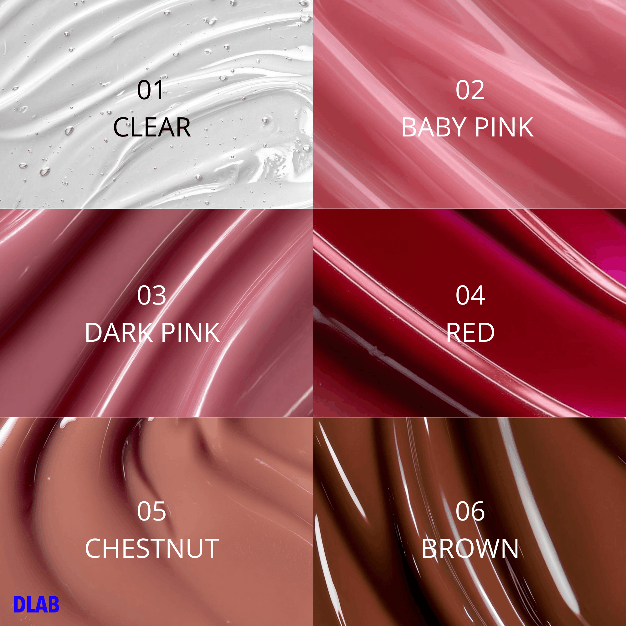 Private Label Lip Gloss Shades, clear, pink, dark pink, red, chestnut and brown. High quality formulations.