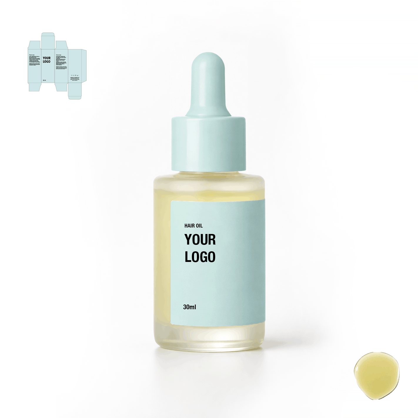 Private label hair oil with blue packaging. Hair products manufacturer.