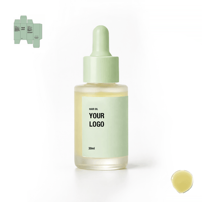 Private label hair oil with green packaging. Hair products manufacturer.