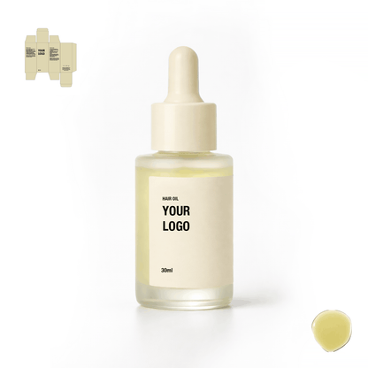 Private label hair oil with white packaging. Hair products manufacturer. 