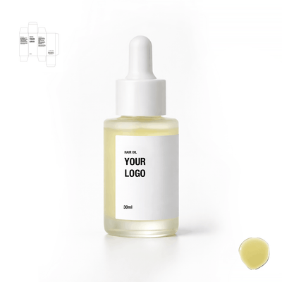 Private label hair oil with white packaging. Customize online for hair care brands. 